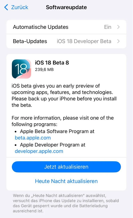 黄陵苹果手机维修分享苹果 iOS / iPadOS 18 开发者预览版 Beta 8 发布 